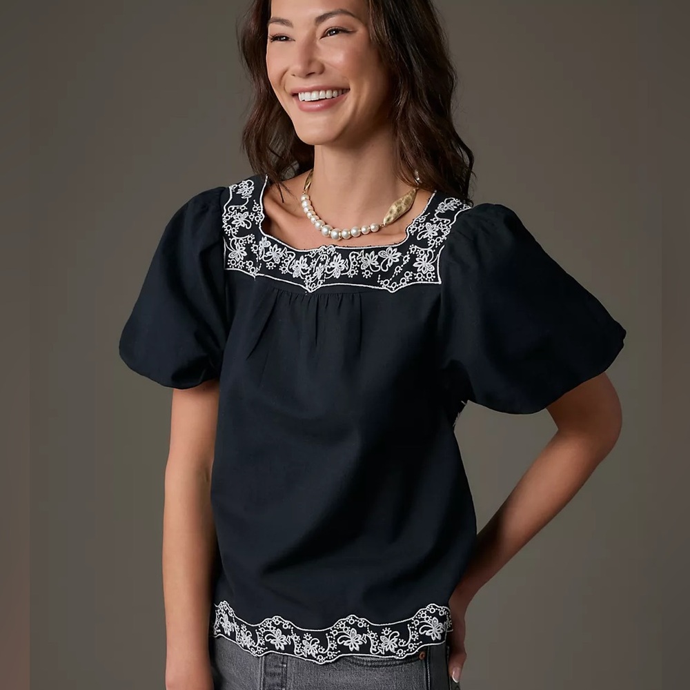 Anthropologie Embroidered Linen Tunic Top Black White Boho Cottagecore Summer L